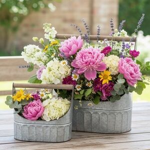 Gracie Oaks Galvanized Home Decor Flower Trug Set with Handles